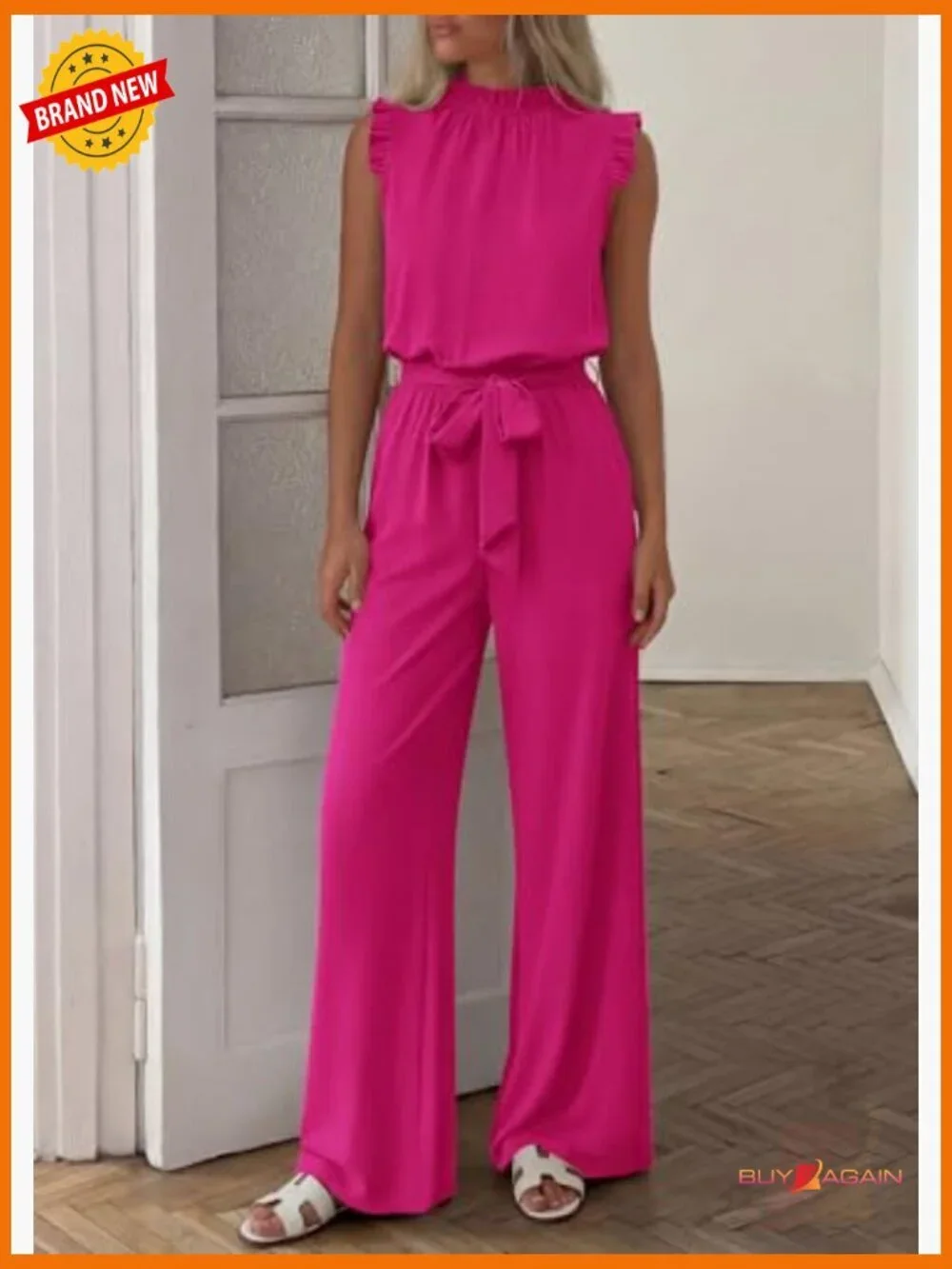 Dressy Jumpsuit with Ruffle Mock Neck, Pockets, & Belt